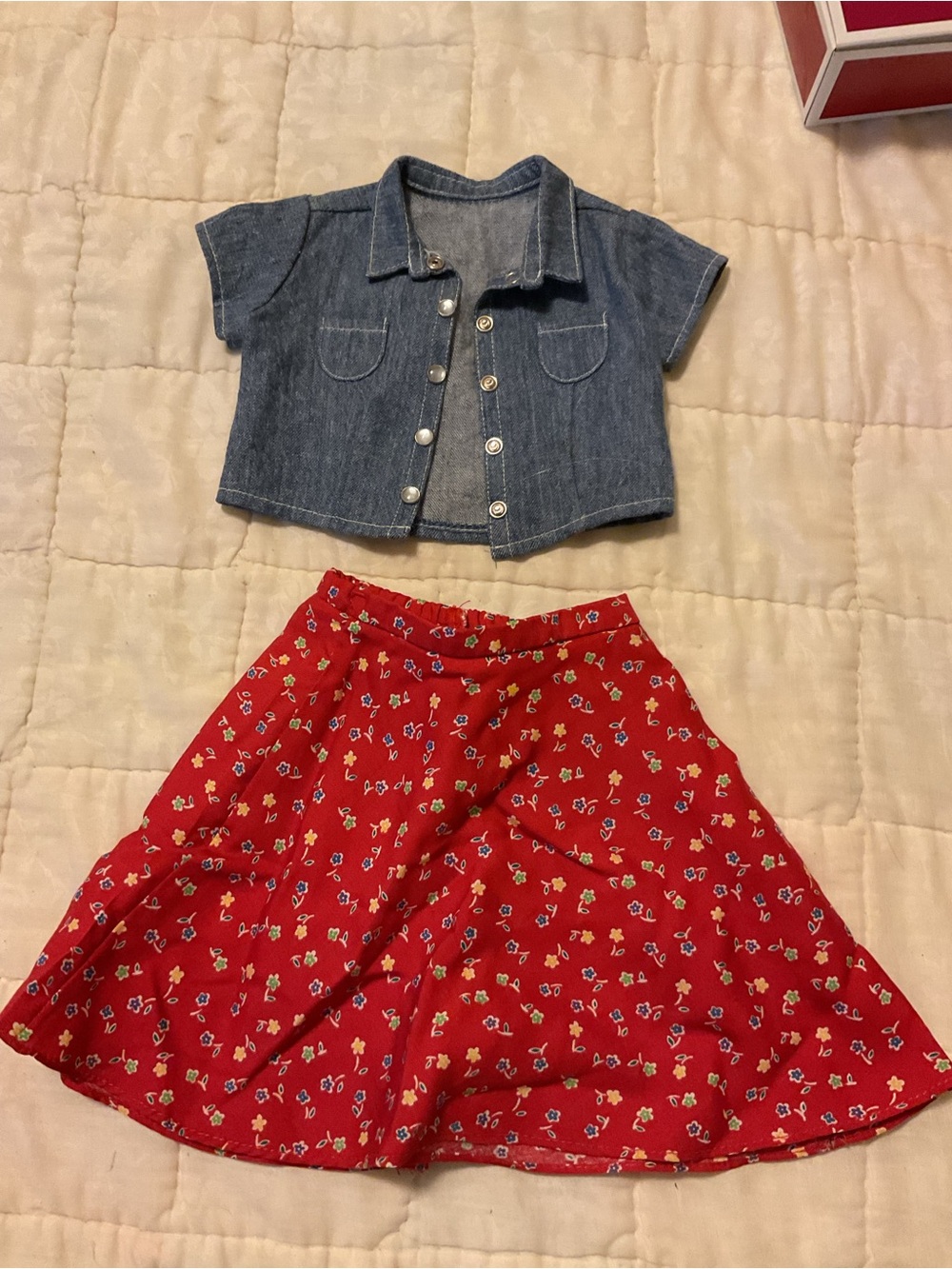 America Girl 18” doll Red Floral Skirt with Denim Crop Jacket